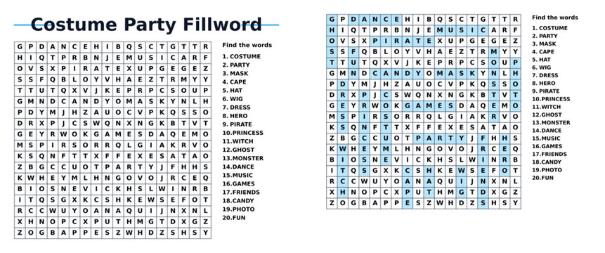 Costume party word search puzzle with themed words highlighted  