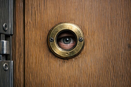 A wooden door with an unusual eye-shaped detail