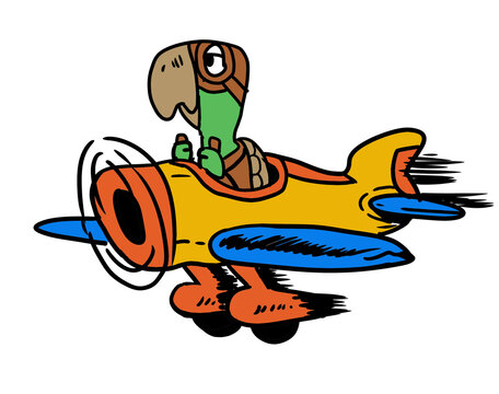 cartoon illustration of a turtle pilot flying a plane