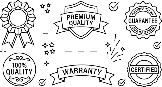 Minimalist premium quality guarantee label line art set featuring shield badge ribbon warranty certification stamp and black vector icons