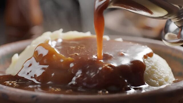 Pouring rich brown gravy over fluffy mashed potatoes in a bowl.