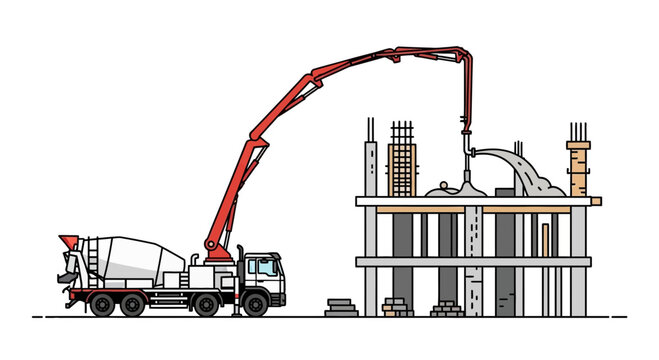 Concrete pump truck pouring cement into building construction site