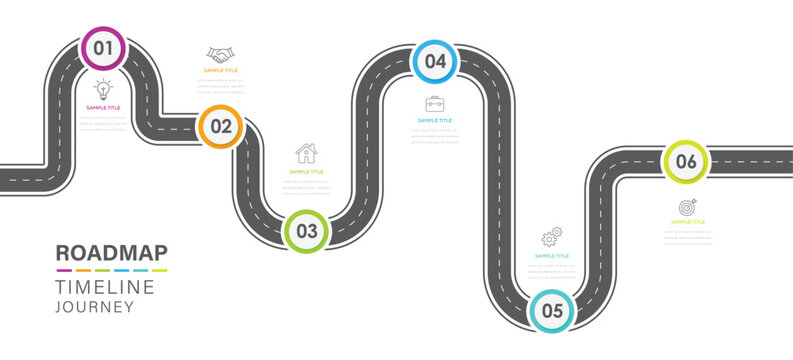 Business Roadmap Timeline Infographic with 6 Milestones.  Modern Timeline diagram with road journey concept. Presentation vector infographic template.
