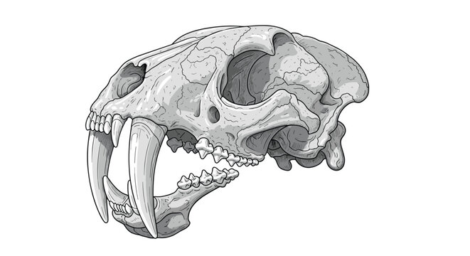 Detailed illustration of a saber-toothed cat skull showcasing its massive fangs and prehistoric skeletal structure on white.