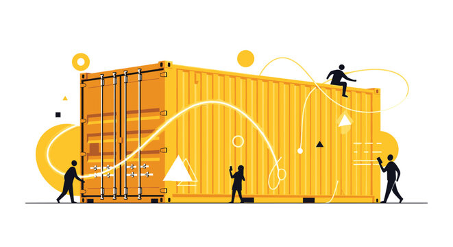 Large yellow shipping container in a port is surrounded by silhouettes of workers and abstract geometric shapes in this industry art.