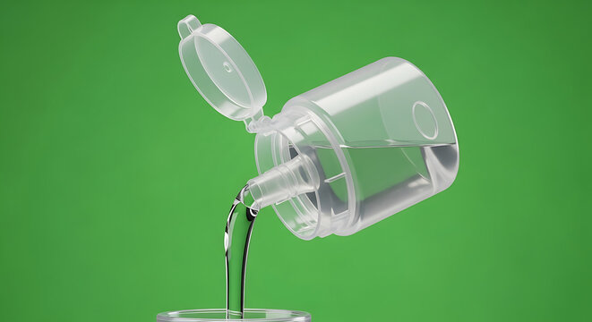 Liquid pours from a plastic bottle on a green background  close up