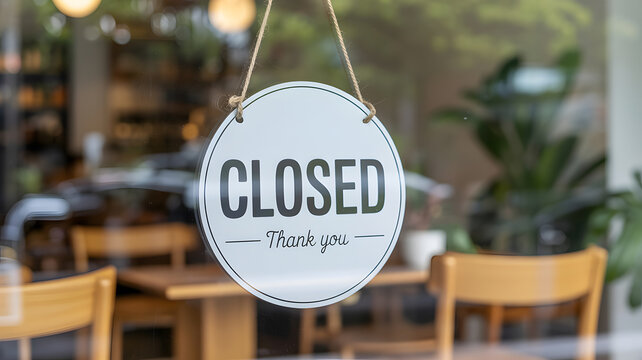 A closed sign hangs on a restaurant door with a blurred background of tables and chairs