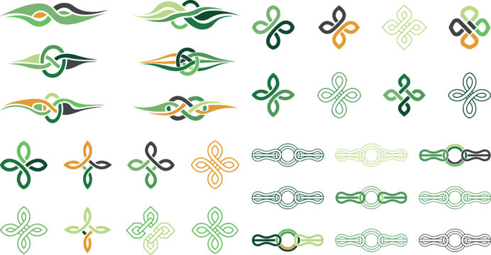 collection of green orange and black abstract knots and swirls on white background