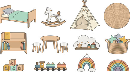 Boho Nursery Furniture and Wooden Toys Vector Clipart Set Featuring Kids Bed Teepee Tent Rocking Horse Rainbow Decor Bookshelf and Playroom Elements © Surjo
