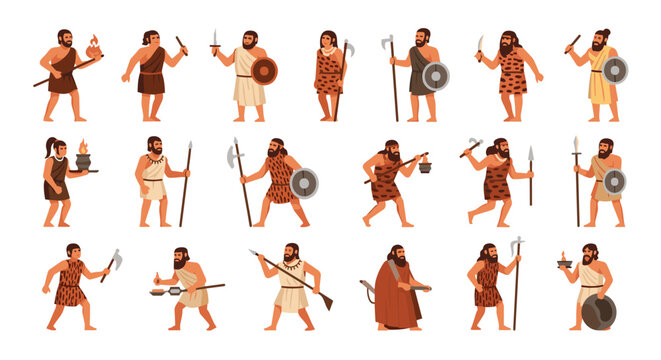 Detailed character set featuring various cavemen in primitive animal skin clothing holding ancient tools like spears, axes, and torches for survival.