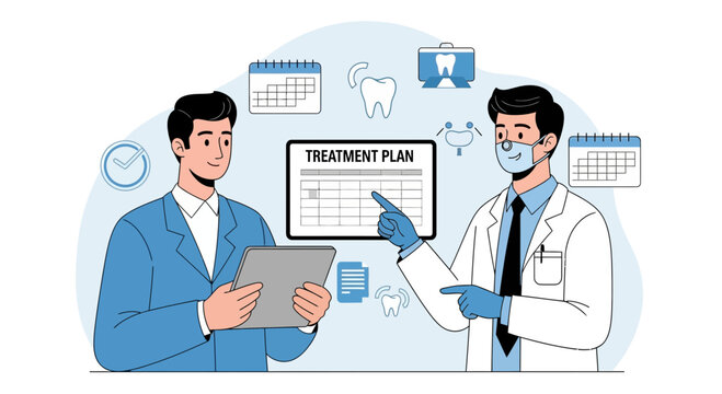 Dentist discussing treatment plan with patient, dental care concept