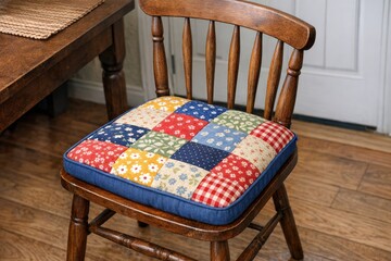 Naklejka premium A wooden chair with a unique patchwork seat pad