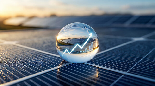 Clear glass sphere reflecting upward graph on solar panel surface during sunset time