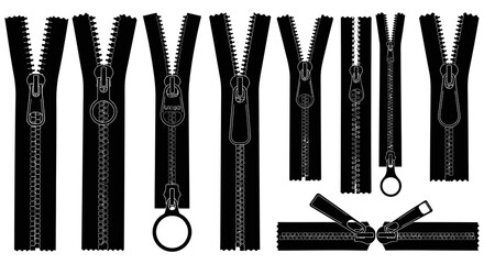 Black zipper set various styles and positions on white background © Sonia512
