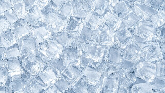background of transparent ice cubes with frozen texture. Refreshing cold concept, winter freshness, beverage cooling, frozen water, Top view.