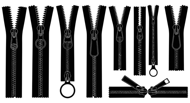 Black zipper set various styles and positions on white background