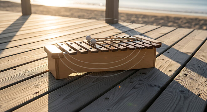 Wooden xylophone with mallets on a wood pier near the beach at sunset