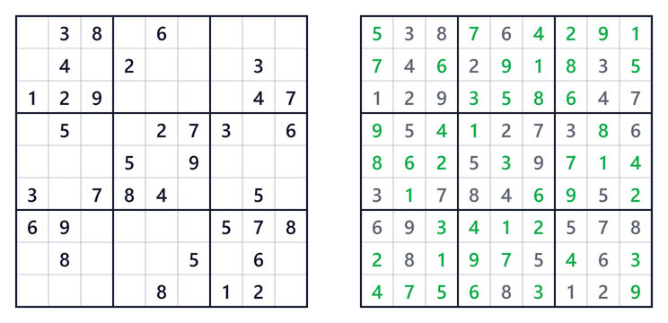 Sudoku solution page. Middle level. Mathematical logic puzzle. Sudoku classics  