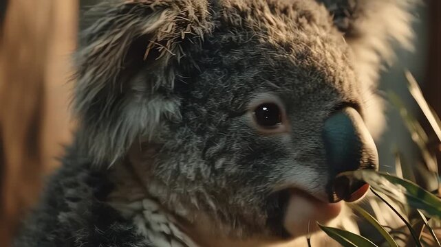 Close up of a cute koala eating eucalyptus leaves in sunlight