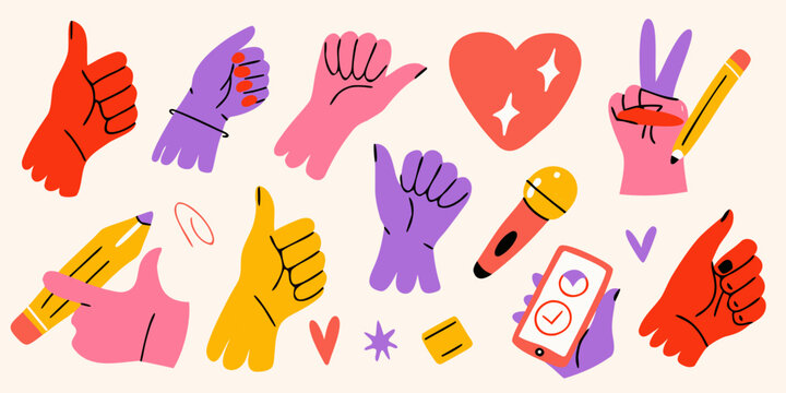 colorful hand gestures and objects playful illustration set