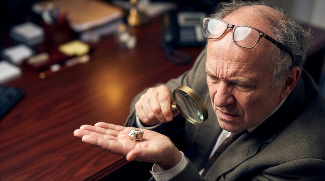 Senior businessman examining tiny piggy bank with magnifying glass in office