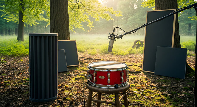 Outdoor music studio setup with drum kit, microphone, and soundproofing