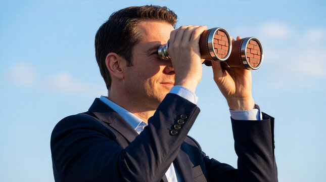 Businessman looking through binoculars with brick walls inside against blue sky