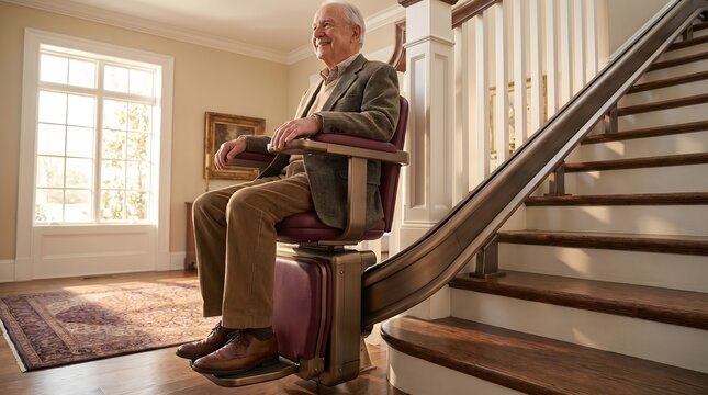 Retired gentleman sits comfortably on an electric stair lift chair while traveling up the wooden stairs of his sunny residence.