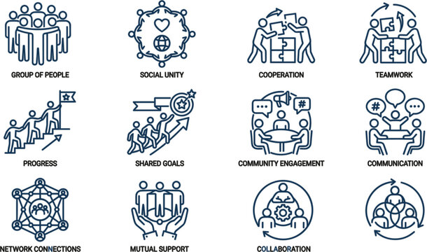 Business teamwork and community engagement vector icon set with line art concepts for collaboration networking partnership and corporate success