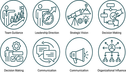 Fototapeta premium Corporate strategy and business leadership line icon vector set with tech management symbols in hexagonal frames