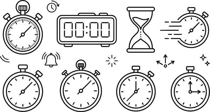 Minimalist stopwatch and clock line art set featuring digital timer hourglass alarm bell and black countdown vector design icons