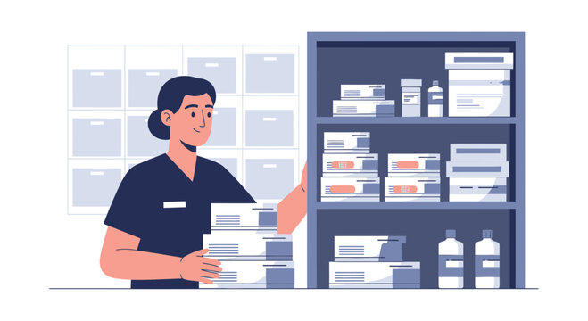 Healthcare worker organizing medical supplies in a pharmacy or hospital storage.