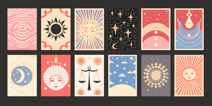 tarot card set abstract celestial illustrations on rectangular cards