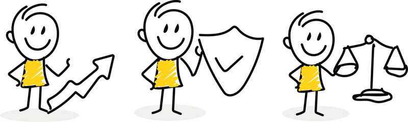 Fototapeta premium Stick Figure Business Concepts Set: Growth Arrow, Shield of Security, and Scales of Justice for Success and Compliance
