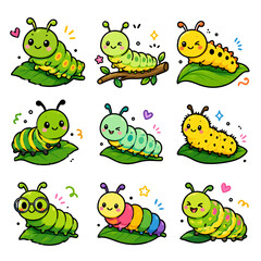 Obraz premium Cute Colorful Caterpillar Doodle Icon Pack Set in 3x3 Grid Cartoon Style