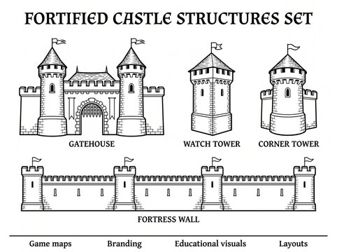 Fortified castle structures set. Vector isolated medieval buildings in outline monochrome style. Gatehouses, towers and fortress walls with flags. Game maps and branding, educational visuals layouts