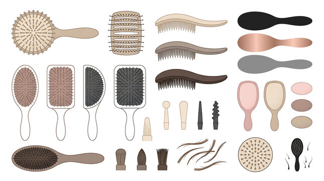 Flat White Artboard Populated with an Organized Collection of Hairbrush Silhouettes and Bristle Detail Elements in Clean Vector Style