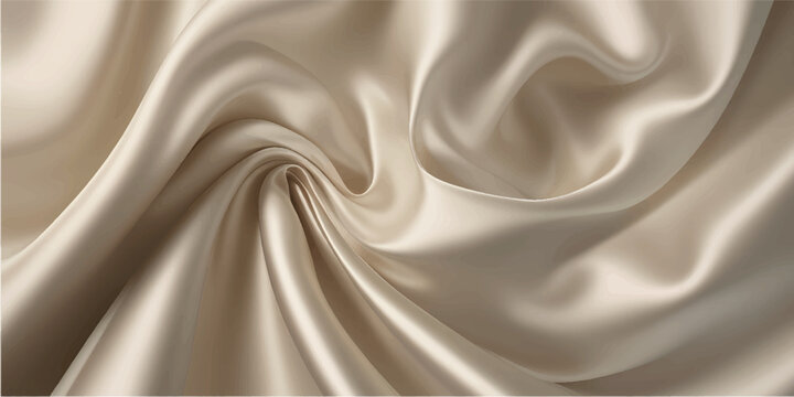 Luxurious cream silk satin fabric swirl texture background, elegant ivory smooth flowing material with soft folds, premium textile pattern for design