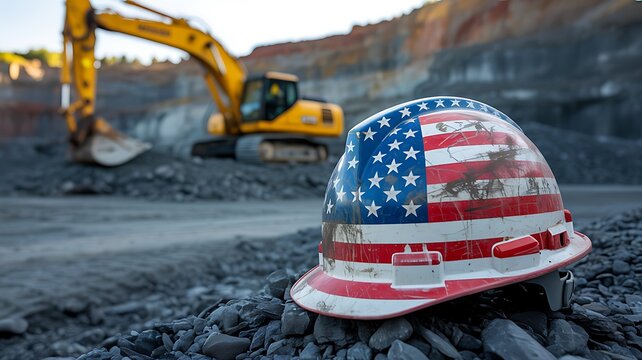 American flag painted hard hat on rocks with excavator in background at construction site