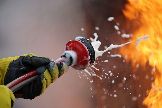 Close-up firefighter in protective gear using extinguisher to spray foam on flames during emergency response, demonstrating safety, training, rapid fire suppression action.