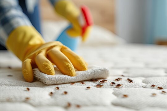 Close-up of gloved hand cleaning bedbugs from a mattress using a cloth and spray bottle for pest control