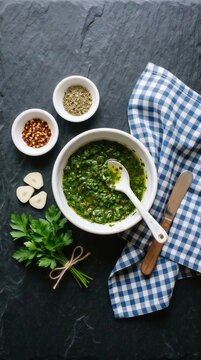 Fresh traditional green pesto sauce in a white ceramic bowl with raw garlic and fresh parsley on a dark stone table