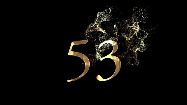 Golden number 53 from particles, numbering, fifty three, golden numbers, alpha channel, numerology, beautiful golden numbers with particles on a transparent background