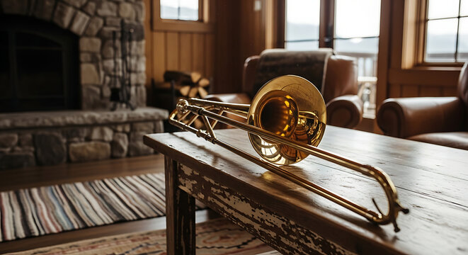 Brass trombone resting on rustic table in cozy living room setting