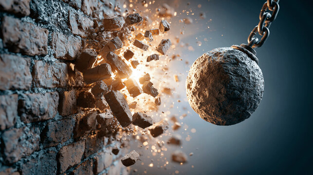 A large wrecking ball crashes into a brick wall causing destruction and chaos