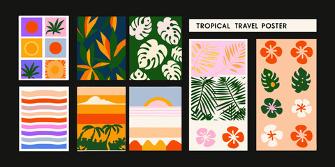tropical travel poster set with palm leaves and floral motifs © SagoriRani