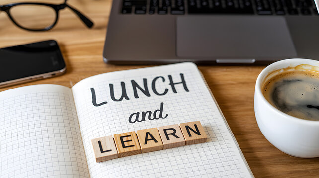 A notebook with lunch and learn written on it surrounded by office supplies on a wooden desk