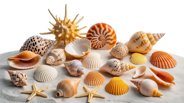 Collection of colorful seashells and starfish isolated on white background
