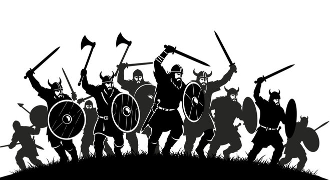 Viking Warriors Battle Silhouette, Ancient Norse Invaders with Swords and Axes