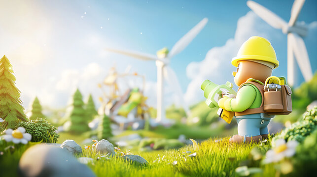 Energy engineer. A worker with a safety helmet stands in front of outside wind farms. cute cartoonish design.